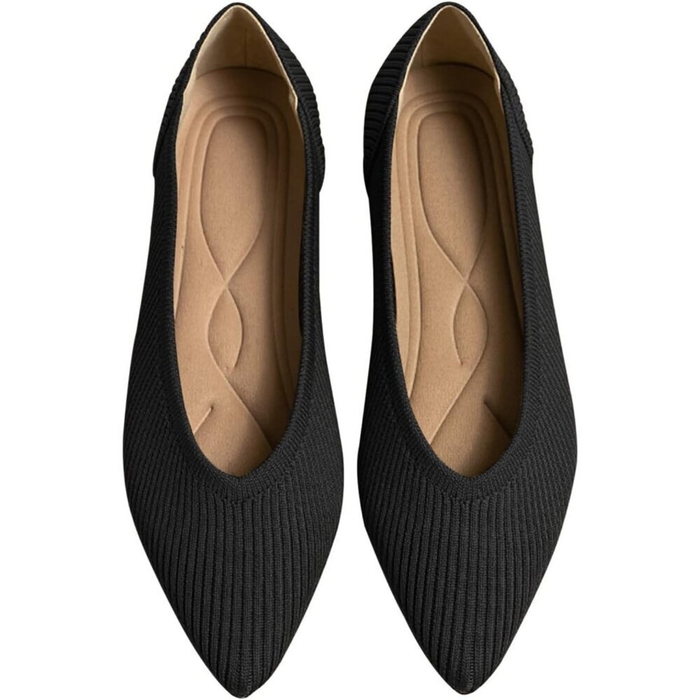 Women's Black Flats Pointed Toe Knit Ballet breathable Comfortable Rubber Shoes